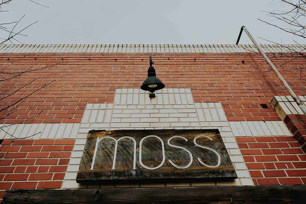The wooden sign that says "moss" on the outside of the Moss Denver venue