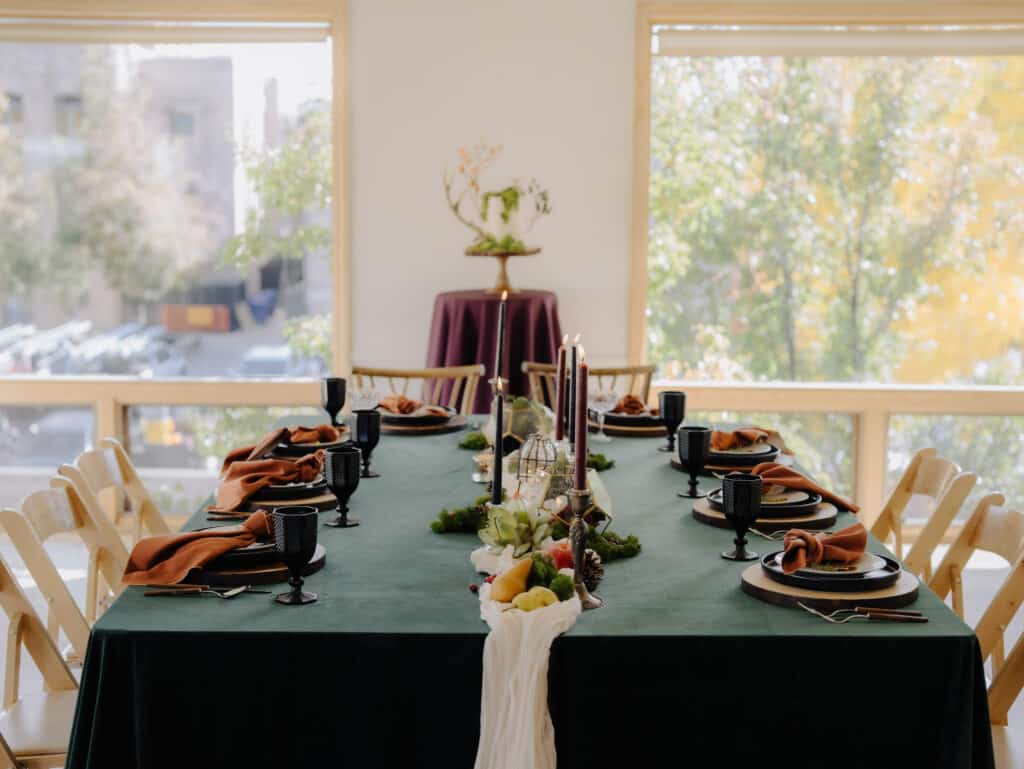 a table scape setup in Rembrandt Yard in boulder Colorado