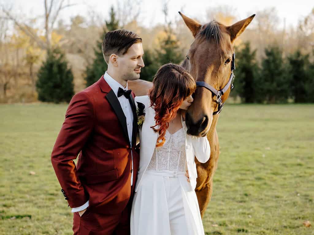 bride and groom kiss a horse in the field at Durham hill farm